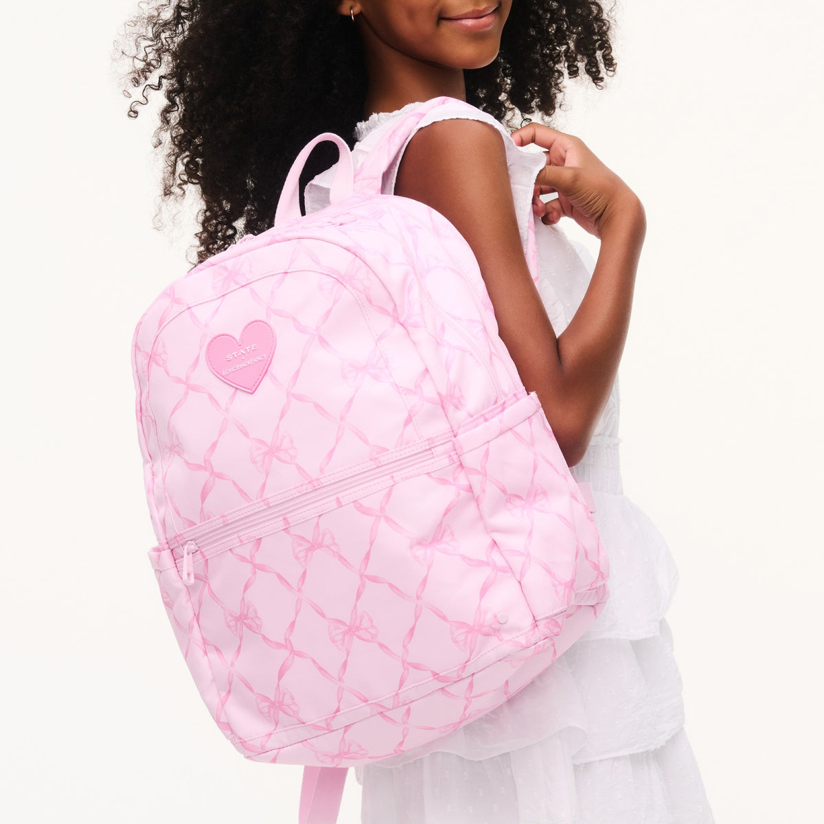 STATE x LoveShackFancy Kane Double Pocket Backpack Recycled Polyester Canvas Pink Peppermint | State Bags Classic