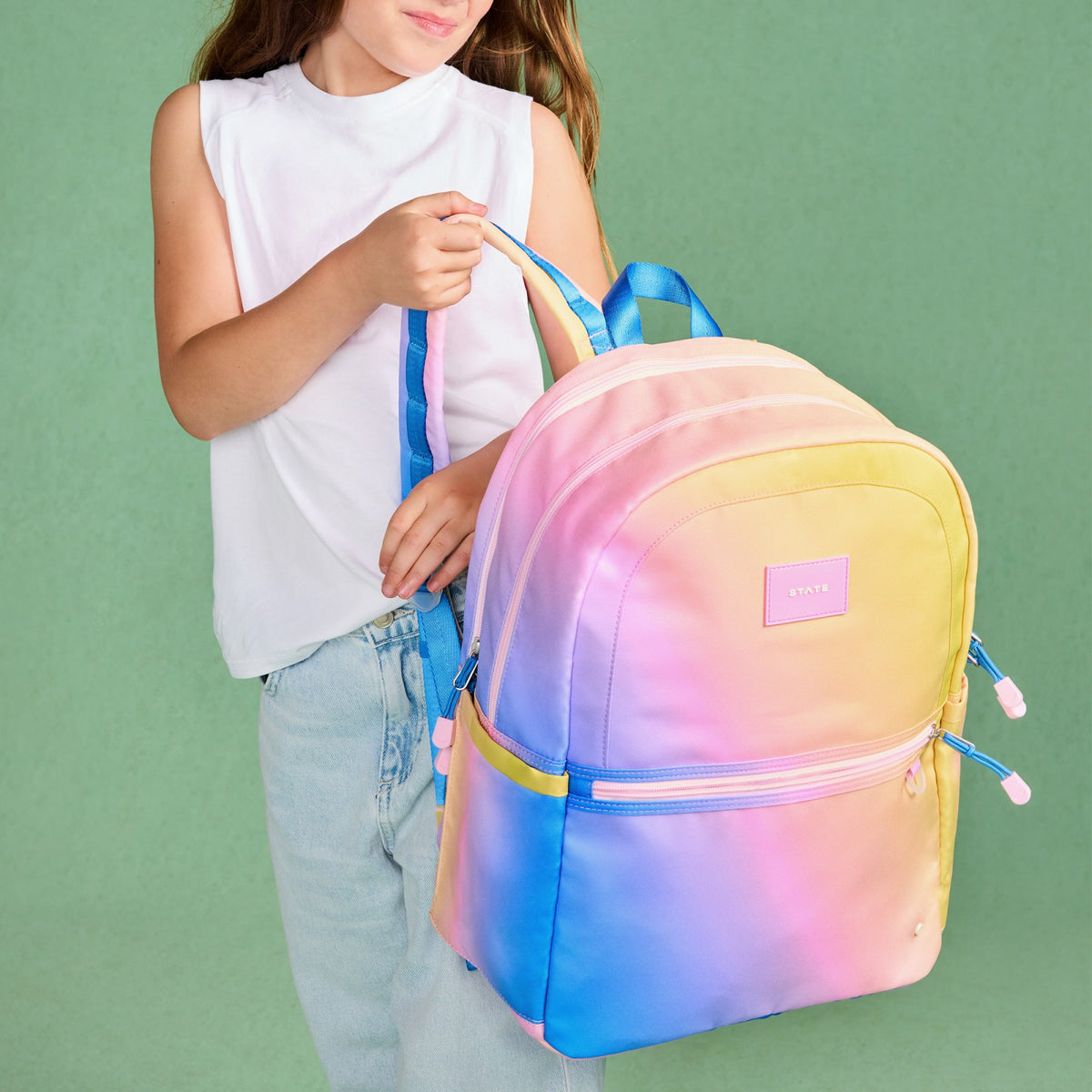 Kane Kids Large Backpack Recycled Polycnavas Blue/Pink/Yellow Gradient | State Bags Customer Favorite