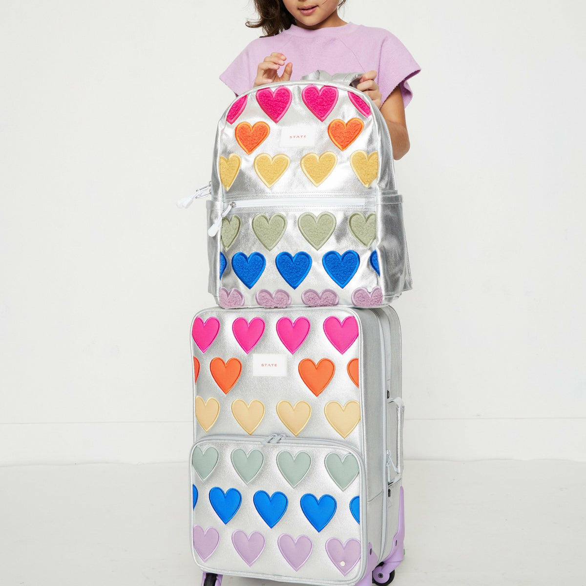 Logan Suitcase Metallic Patchwork Hearts | State Bags Great Value