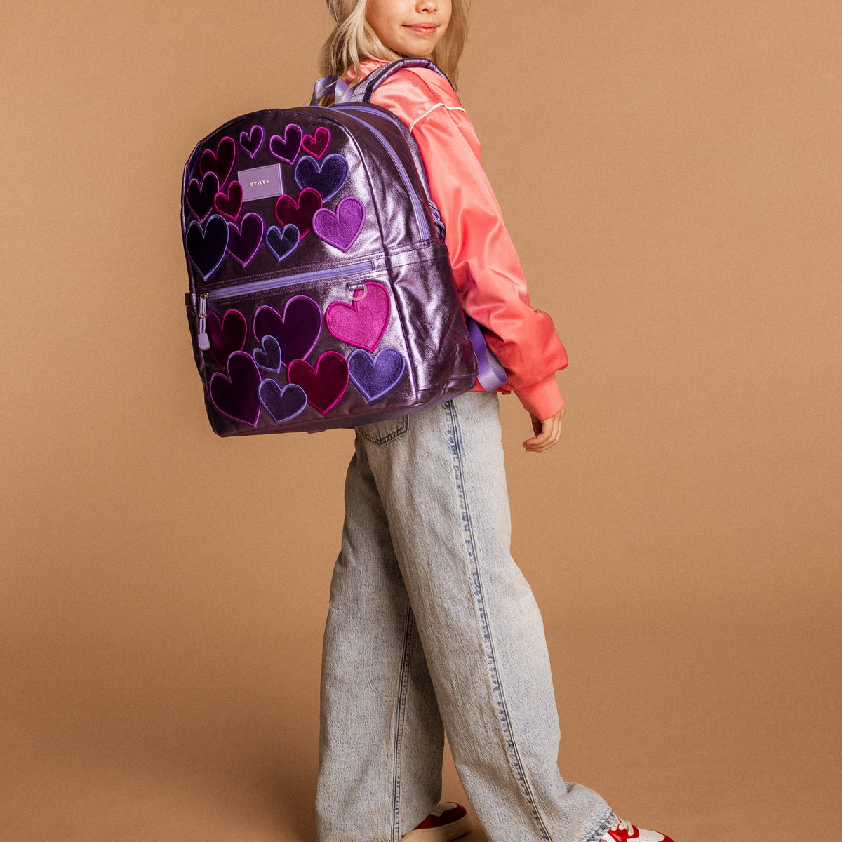 Kane Double Pocket Backpack Metallic 3D Hearts | State Bags Everyday