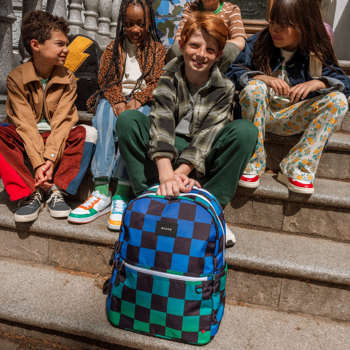 Kane Kids Travel Backpack Printed Canvas Blue Checkerboard | State Bags Great Value
