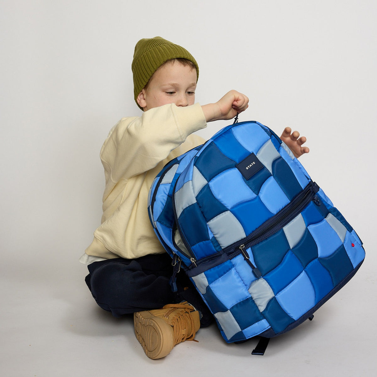 Kane Kids Double Pocket Nylon Puffer Blue Puffer Check | State Bags Latest