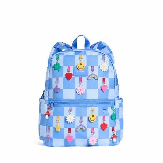 Kane Kids Double Pocket Backpack Recycled Polycanvas Charms Blue Check | State Bags Exclusive