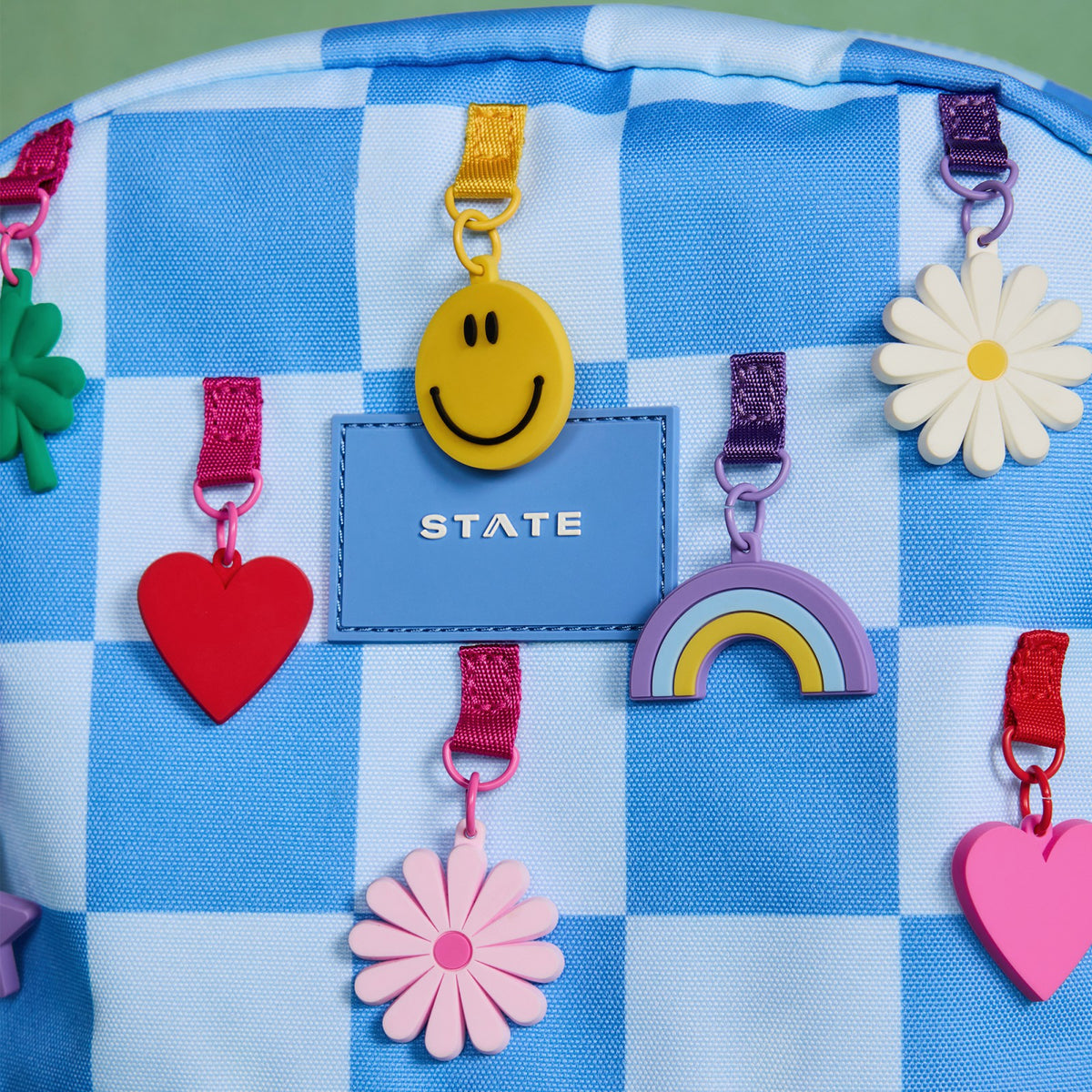 Kane Kids Double Pocket Backpack Recycled Polycanvas Charms Blue Check | State Bags Exclusive