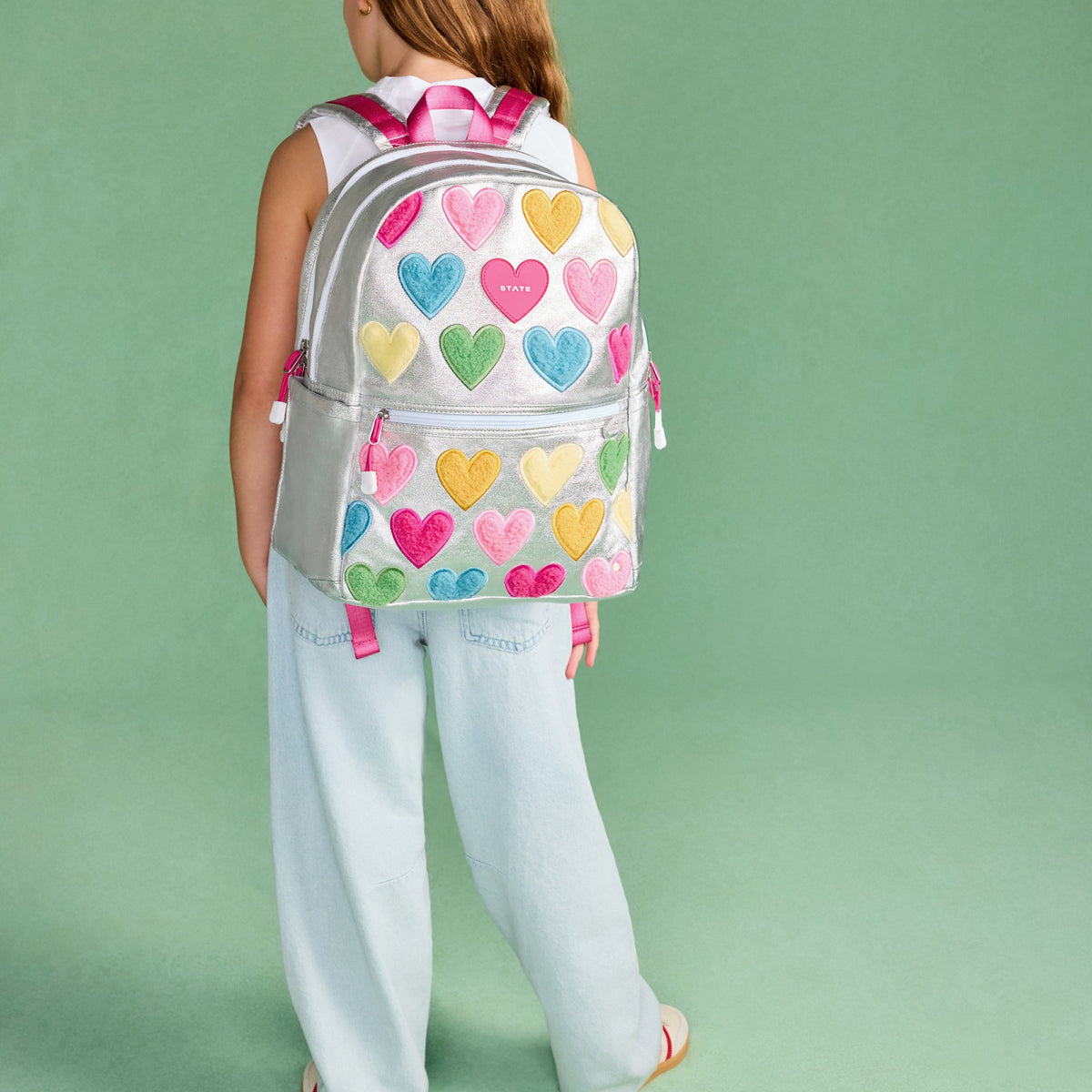Kane Kids Double Pocket Backpack Metallic Happy Fuzzy Hearts | State Bags Top Pick