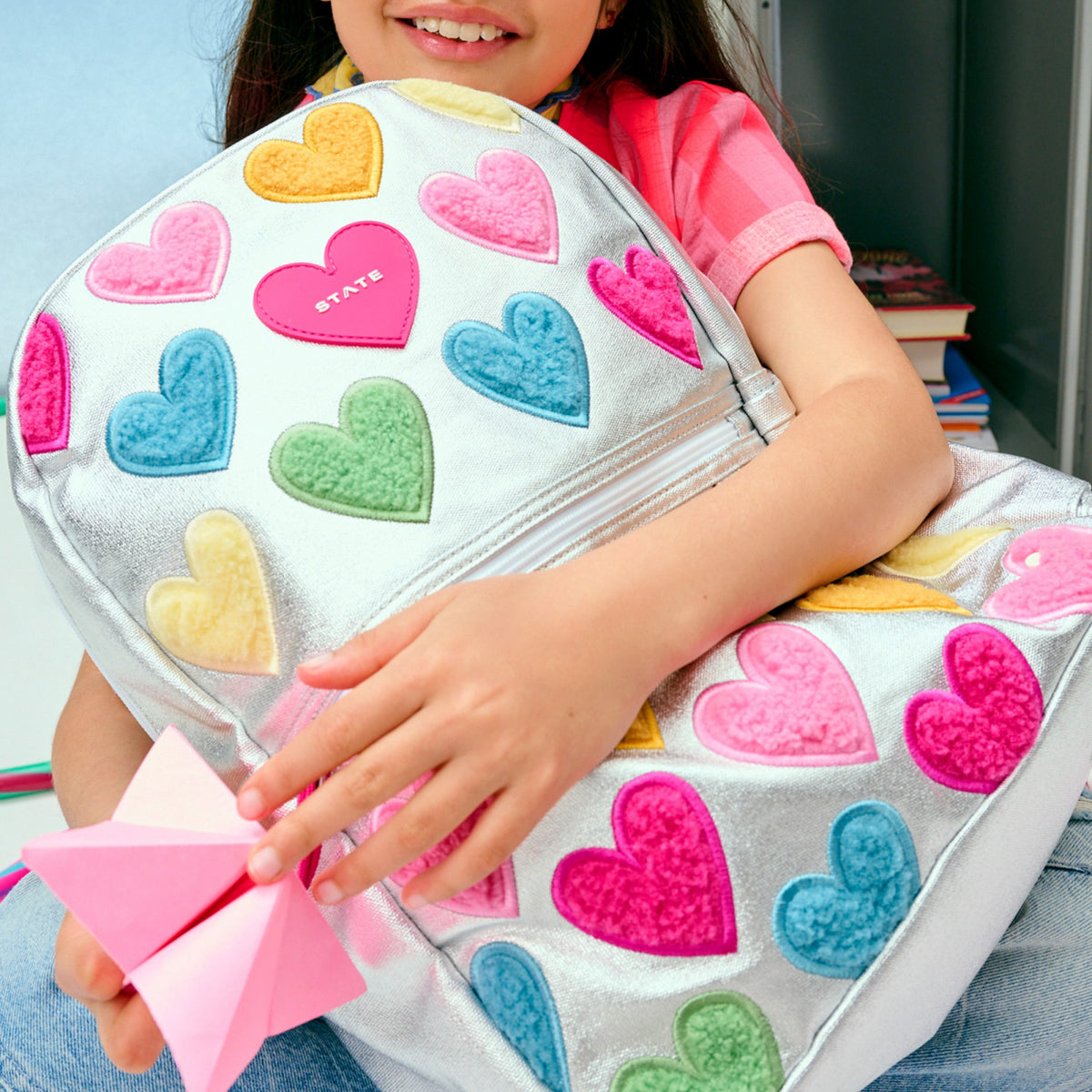 Kane Kids Double Pocket Backpack Metallic Happy Fuzzy Hearts | State Bags Top Pick